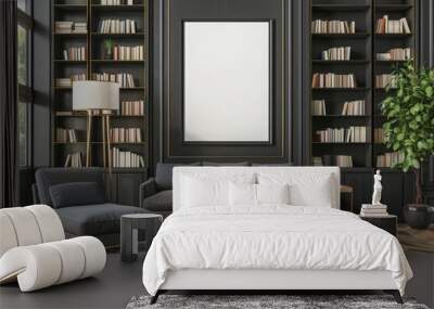 A mockup of an empty black frame on the wall in a modern reading room with armchairs and bookshelves Wall mural