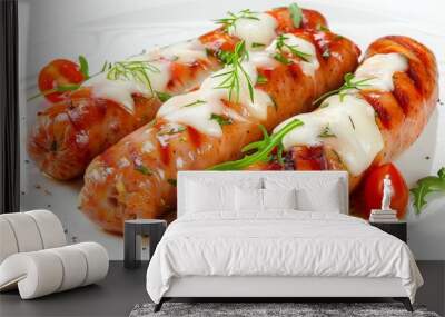 Baked Sausage with Mozzarella cheese, white background  Wall mural