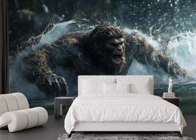 Bigfoot swimming across a river, with water splashing and ripples trailing behind Wall mural