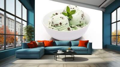 Bowl of Organic Green Mint Chocolate Chip Ice Cream Isolated on a white background  Wall mural