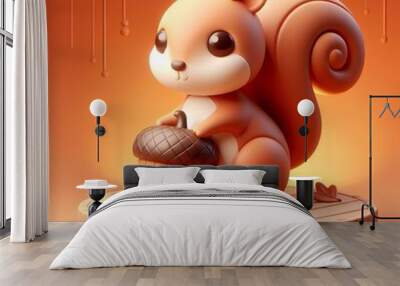 charming squirrel  two button-like  dots for eye line for a smile  holding an empty acorn shell figure round wooden base  autumnal orange backdrop Wall mural