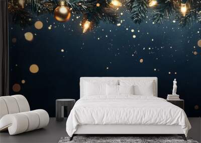 Christmas warm gold garland lights over a dark background with glitter overlay. MZ  Wall mural