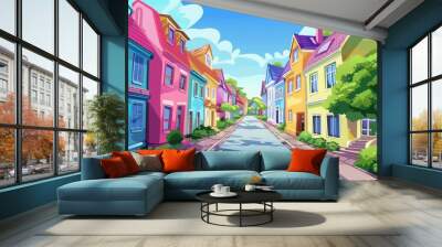 Colorful street full of houses of all colors illustration background Wall mural