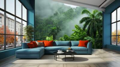 fragment view of nice mist green tropical jungle, background Wall mural