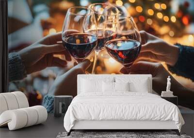 holidays, drinks and celebration concept - close up of hands toasting wine glasses at a dinner party on christmas at home. MZ  Wall mural