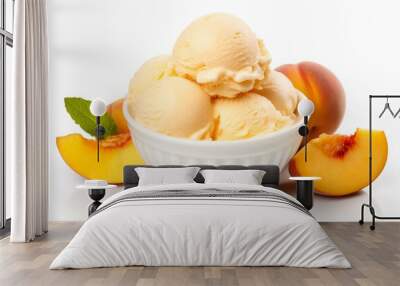 Homemade sweet peach ice cream. Peach gelato balls in a small bowl on a white background with fresh peaches and mint leaves Wall mural