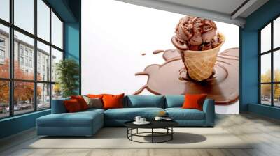 Melting ice cream on a white background. chocolate ice cream in a cone  Wall mural