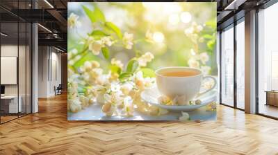 Moringa Flower Tea in Serene Morning Light on white table. A cup of soothing moringa flower tea surrounded by delicate blossoms in soft sunlight Wall mural