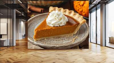 Slice of traditional pumpkin pie for Thanksgiving dinner, topped with whipped cream Wall mural