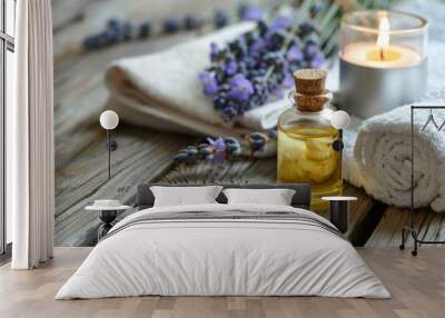 spa still life with lavender oil, white towel and perfumed candle on natural wood Wall mural