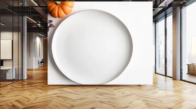 Thanksgiving card mockup with plate, pumpkins on white background, top view Wall mural