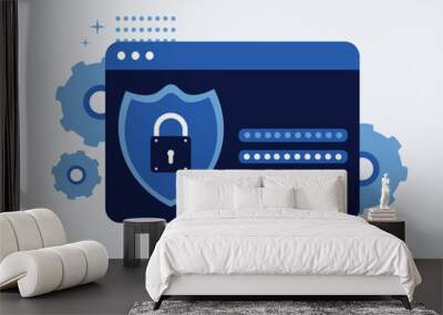 Analog window with login screen and shield with lock on it. A system that requires a password for access. Vector illustration Wall mural