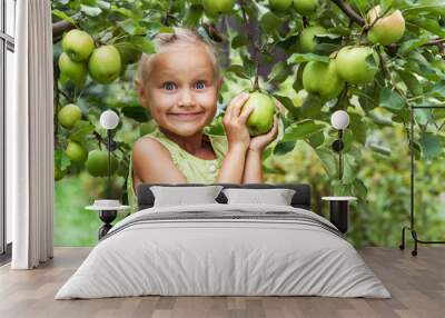 Apple Harvest for Children. Little Girl Child in Apple Garden. Eco Apple Farm Wall mural