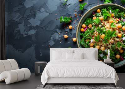 bowl with fresh organic homemade couscous salad with herbs mint parsley lemon chickpeas as healthy diet food dish recipe mediterranean appetizer in studio magazine editorial close up with copy space  Wall mural