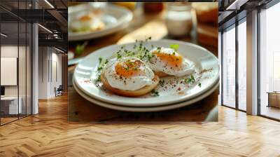 close up of fried eggs with yolk on a plate with spring onions for healthy food breakfast, brunch in scandinavian minimalist food design magazine editorial look Wall mural