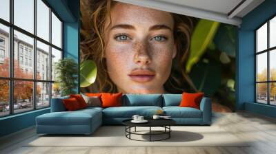 close up of young caucasian woman in nature with freckles and pale skin blue eyes in magazine editorial look with leafs herbal greenery looking at camera for natural beauty skincare spa commercial  Wall mural