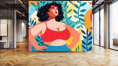 color block illustration of a young brunette plus size woman celebrating body positivity acceptance for healthy lifestyle weight loss fitness culture in hand drawn digital painting style  Wall mural