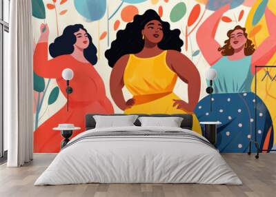 color block illustration of three young brunette plus size women celebrating body positivity acceptance for healthy lifestyle weight loss fitness culture in hand drawn digital painting style  Wall mural