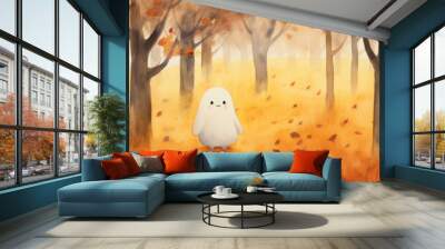 cute ghost in autumn forest with orange leafs for children's book halloween wallpaper background in textured pencil hand drawn color block sketch illustration style Wall mural