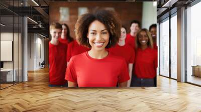 group of people standing in office, confident black woman wearing red leading corporate team with confidence  Wall mural