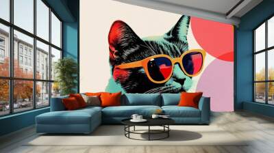 Party animal cat popart collage style bold shapes and colors with animal wearing sunglasses Wall mural