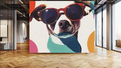 party dog collage  popart collage style bold shapes and colors with animal wearing sunglasses	 Wall mural