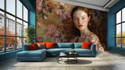 portrait of a woman/model/book character standing in front of floral wallpaper with a thoughtful expression in a fashion/beauty editorial magazine style film photography look - generative ai art Wall mural