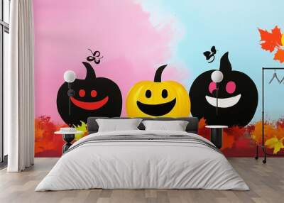 pumpkins and autumn leaves halloween happy jack o lanterns Wall mural