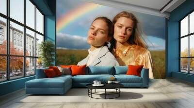 two female friends/models/lgbtq+ couple standing in nature with rainbow with a thoughtful/sad expression in a fashion/beauty editorial magazine style film photography look  - generative ai art Wall mural