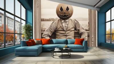 vintage photo of a mysterious pumpkin head man in an antique frame  Wall mural