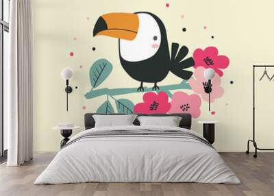 Hand drawn funny toucan bird with tropical flowers. Cartoon design for kids. Perfect for shirt, wallpaper, poster, print. Isolated vector illustration Wall mural