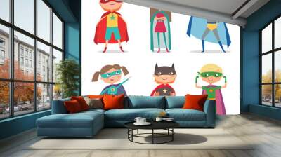 Superhero kids boys and girls. Cartoon vector illustration Wall mural