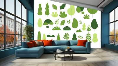 Flat minimal tree and leaves. Vector set with garden plants, branches, bushes and leaves in simple flat style. Cartoon floral collection for banner, poster, cover design, web. Trendy spring leaves Wall mural