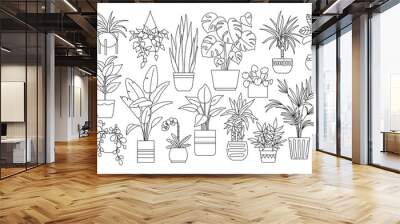 Houseplants. Vector set of outline drawings plants, succulents in pot. Indoor exotic flowers with stems and leaves. Monstera, ficus, pothos, yucca, dracaena, cacti, snake plant for home and interior Wall mural