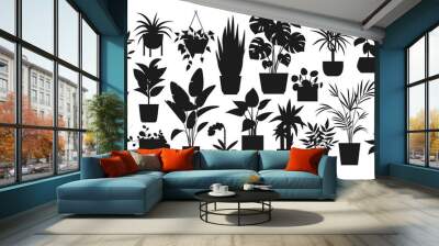 Houseplants. Vector set of silhouettes home plants, succulents in pot. Indoor exotic flowers with stems and leaves. Monstera, ficus, pothos, yucca, dracaena, cacti, snake plant for home and interior Wall mural