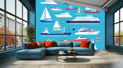 Maritime ships. Vector icon set of ship at sea, sail boats, scooter, speedboat, yacht, passenger liner, sailboat, cruiser and cargo ships. Water ocean transport boat in flat style. Sea marine travel  Wall mural