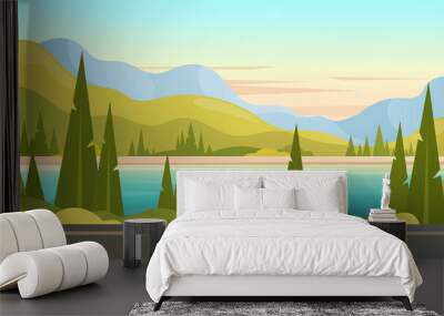 Mountain landscape. Vector illustration of sunset nature with river, lake, hills, forest, car. Travel cartoon concept of journey by car. Family vacation trip along mountains Wall mural