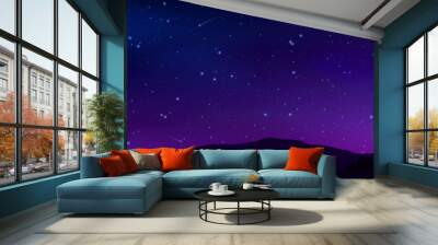 Night starry sky with bright stars, planets, comets and silhouettes mountains. Milky way galaxy. Vector horizontal landscape. Star universe  illustration.Dark blue shining space for web design, banner Wall mural