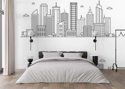 Vector illustration of outline city landscape. Urban and rural life with  skyline city office buildings, skyscraper, trees, factory, windmill. Сity panorama on white background. Downtown landscape. Wall mural