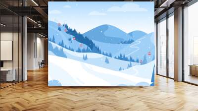 Winter mountain landscape. Vector illustration of ski resort with snowy hill, slope, funicular, ski lift. Outdoor holiday activity in Alps. Winter sport. Skiing and snowboarding. Active weekend Wall mural