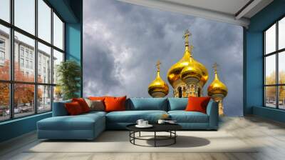 Orthodox church with golden domes. Wall mural