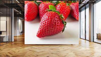 Close-up of sweet ripe red strawberries on a white kithen table. Tasty fresh organic fruits and berries, vegetarian and healthy eating. Ready to eat. Wall mural