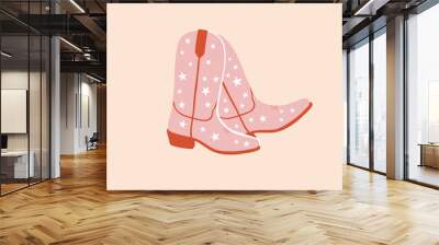 Cowboy boots with stars print. Cowgirl boots. Western and wild west theme. Party poster, banner or invitation. Hand drawn vector illustration Wall mural