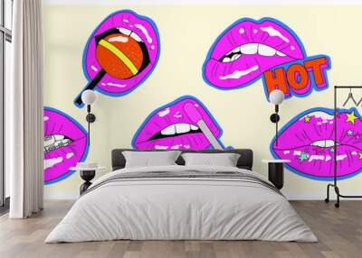 Funny comic cute lips sticker set. Modern illustration for poster, postcard or background. Pop art lips vector illustration Wall mural