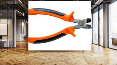 New wire cutters with orange black rubber handles isolated on white background. Electrician tool for repair and construction. Wall mural