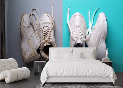 Pair of old dirty white sneakers on a gray background and pair of new white sneakers on a marin blue background. Comfortable chunky sole shoes for active lifestyle, fitness and sports. Wall mural