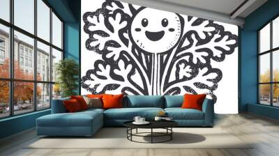 Grunge-Style Parsley Smiling Vegetable Character with Texture, Rough Hand-Drawn with Grainy Print Effect. Wall mural