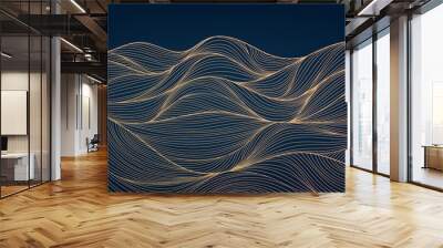 Vector abstract luxury golden wallpaper, wavy line art background. Line design for interior design, textile patterns, textures, posters, package, wrappers, gifts etc. Japanese style mountains. Wall mural