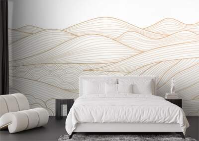 Vector abstract mountain landscape, line gold on white wave illustration with hills and river. Geometric japanese curve illustration, rocks and water wall art. Wall mural