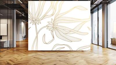 Vector gold flowers with long petals background, luxury line art floral design, nature wallpaper. Plant ornament, asian glitter backdrop. Wall mural